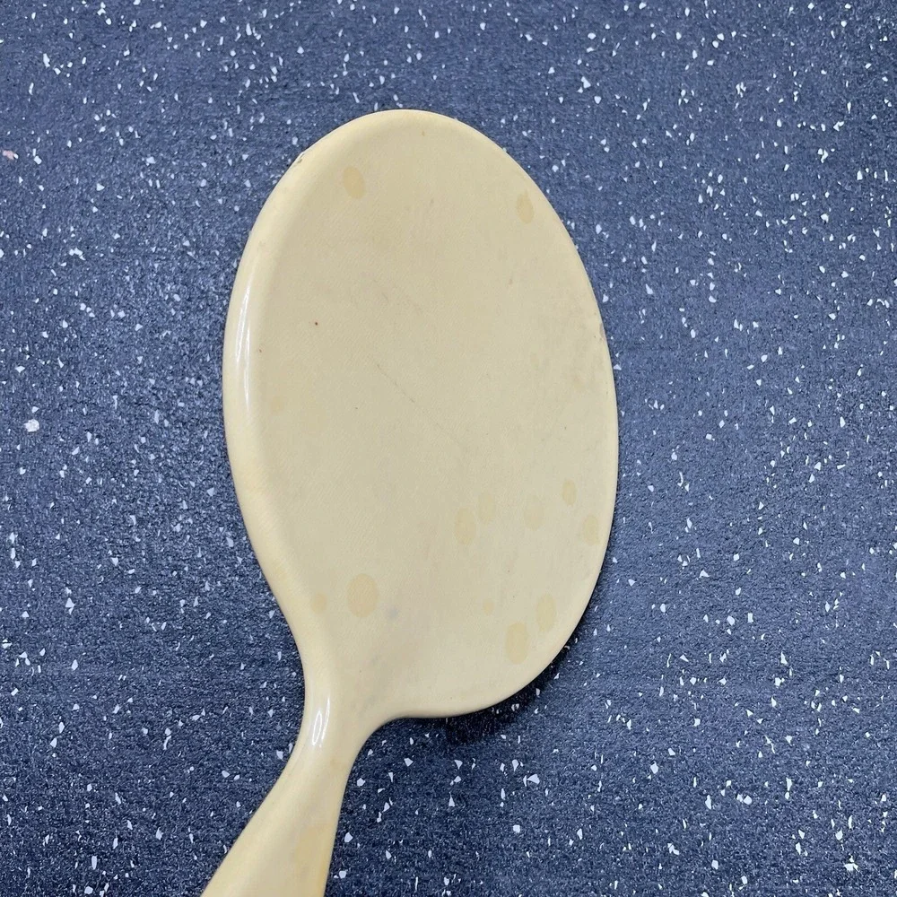 Vtg MCM French Ivory Celluloid Round Beveled Vanity Hand Mirror‎ 12 1/2